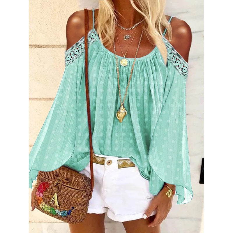 Women's blouse with off-the-shoulder design and ruffles, size