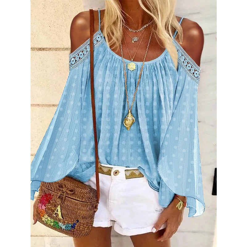 Women's blouse with off-the-shoulder design and ruffles, size