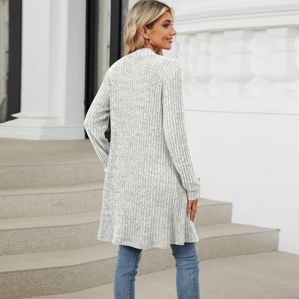 Valenzora | Long Women's Ribbed Open Front Cardigan with Pockets