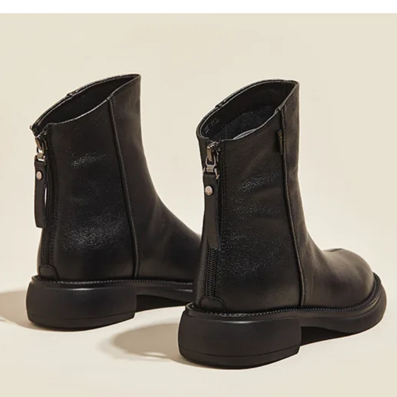 Valenzora | Women's Leather Ankle Boots with Back Zipper and Low Heel