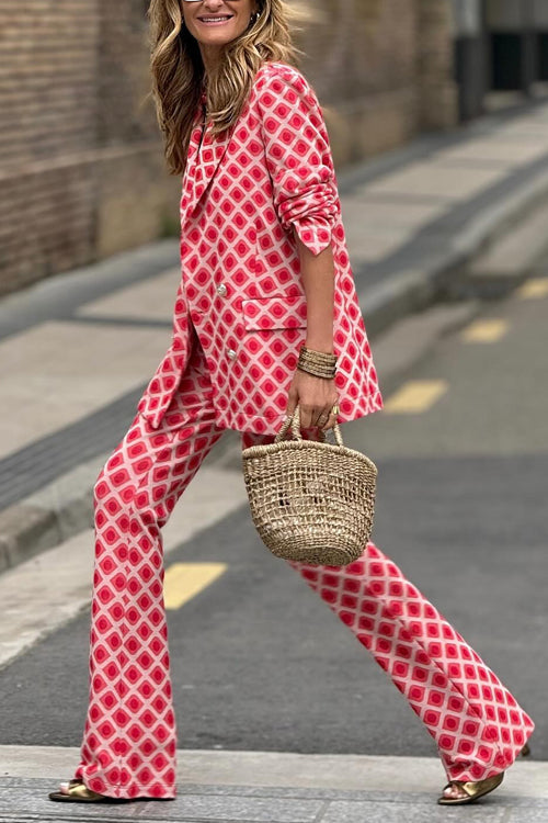Valenzora | Rosiedress Geometric Print Lapel Double Button Blazer and Flare Trousers Set