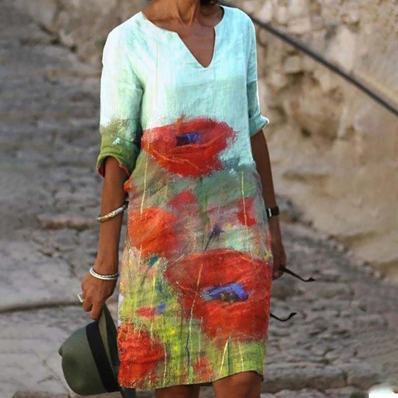 Valenzora | Charming linen dress with floral print