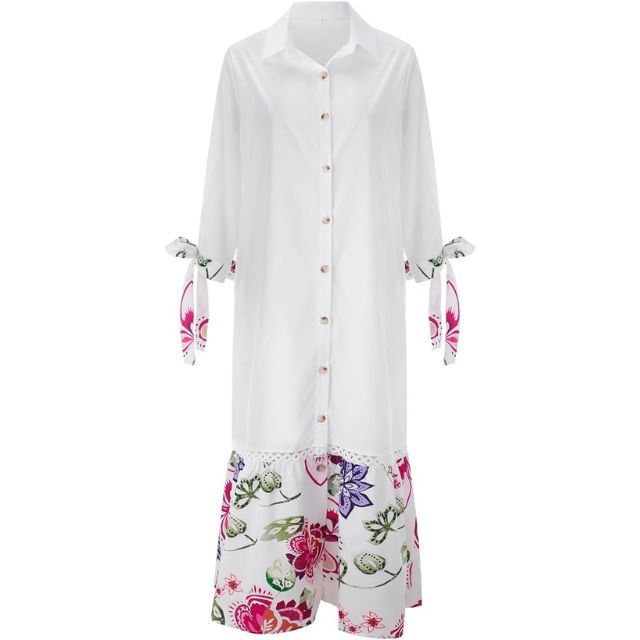 Valenzora | Maxi dress with button placket and floral pattern at the hem