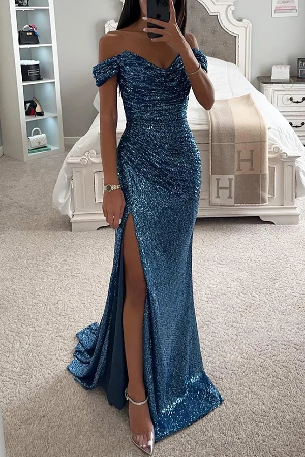 Valenzora | Sequin Off-Shoulder Ruched Slit Evening Maxi Dress