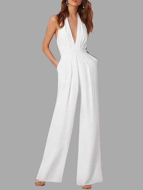 Valenzora | Tiefer V-Ausschnitt Ärmelloser Jumpsuit mit weitem Bein