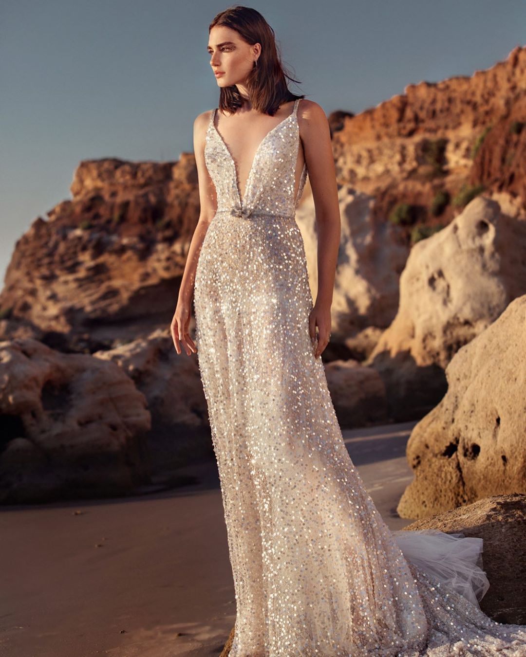 Valenzora | V-Neck Sleeveless Waist Collection Silver Sequin Slip Dress