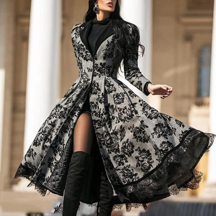 Valenzora | Autumn Winter Lace Insert Retro Long Trench Coat