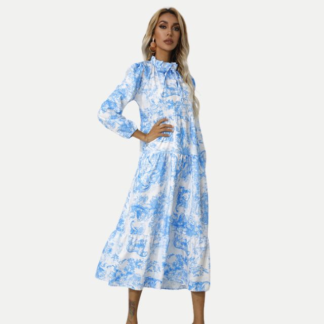 Valenzora | Toile print midi dress with high collar