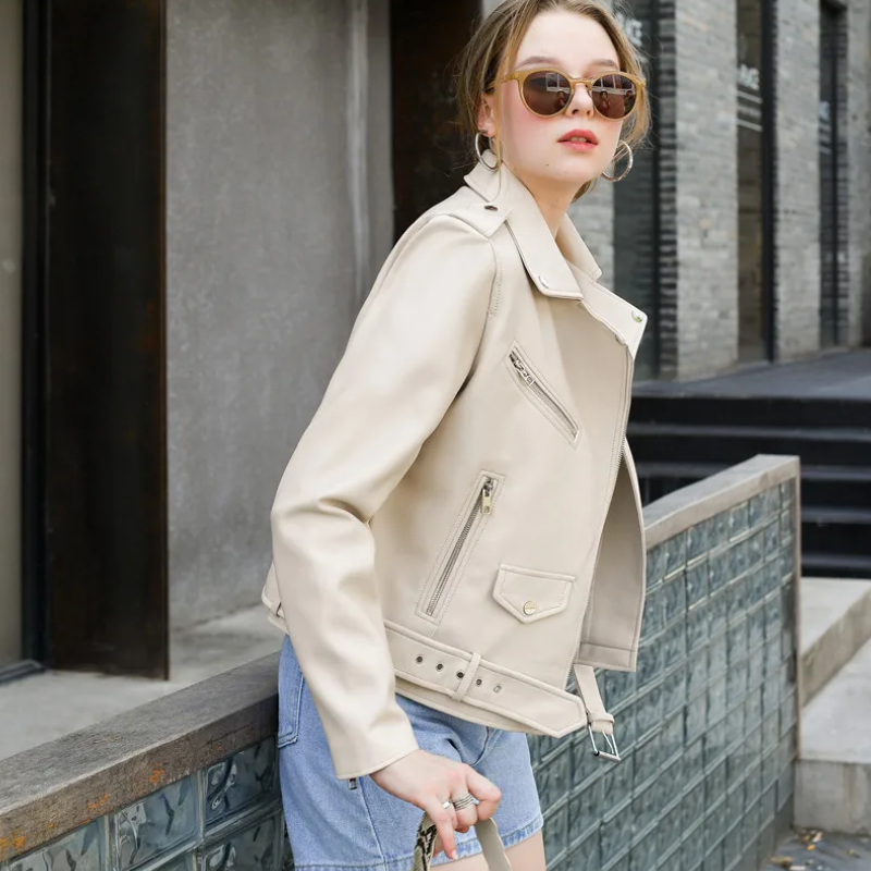 Valenzora | Damen Biker-Lederjacke mit Reißverschlüssen und Gürtel