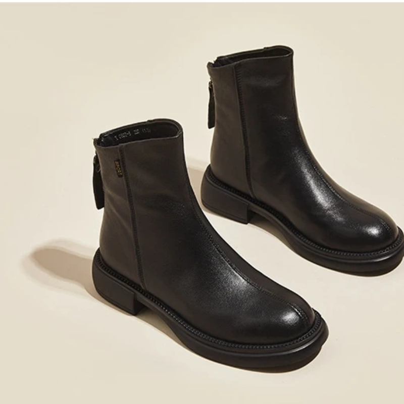 Valenzora | Women's Leather Ankle Boots with Back Zipper and Low Heel