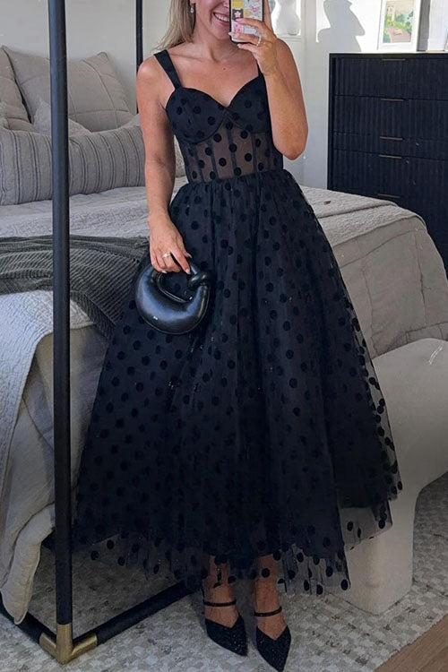 Valenzora | Rosie dress V-neck Polka Dot Mesh A-line Midi Cami Dress