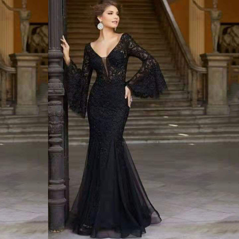 Women's figure-hugging evening dress with shimmering embellishments and elegant V-neck, size S