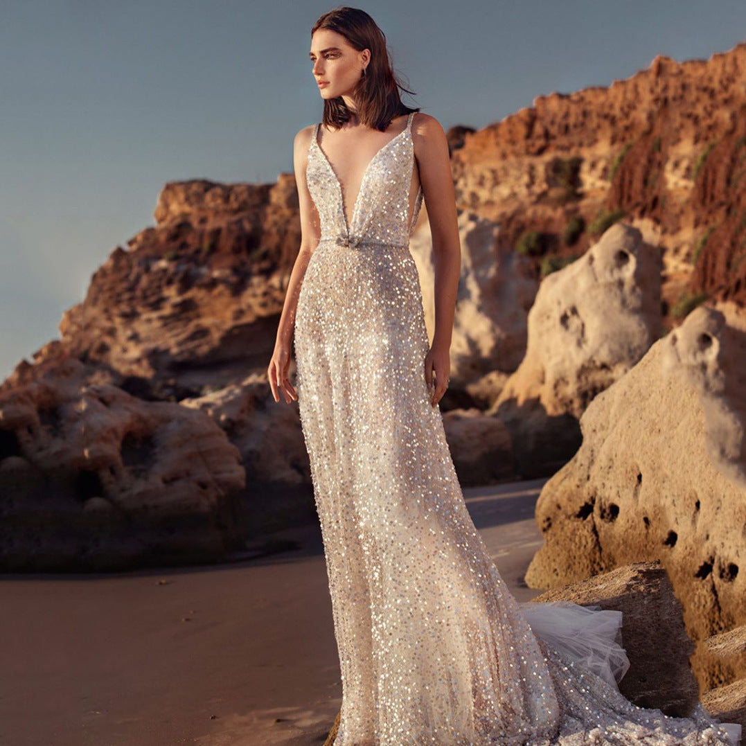 Valenzora | V-Neck Sleeveless Waist Collection Silver Sequin Slip Dress