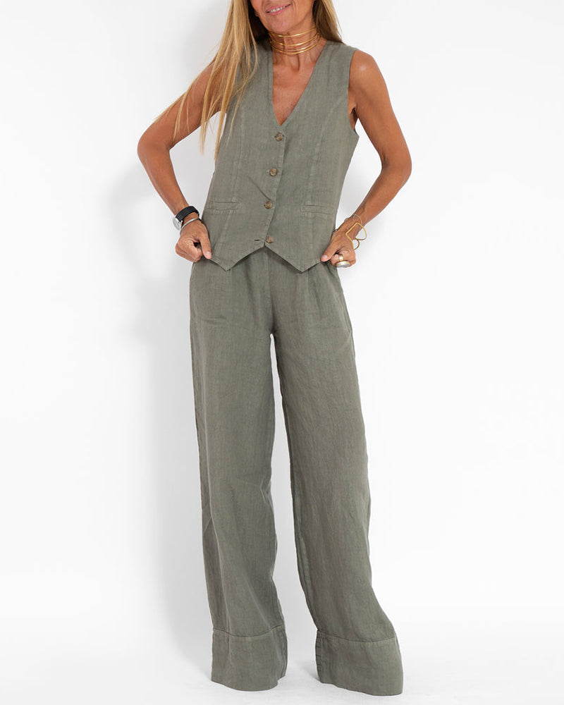 Valenzora | Elegantes 2-teiliges Leinen-Set: weite Hose & Weste