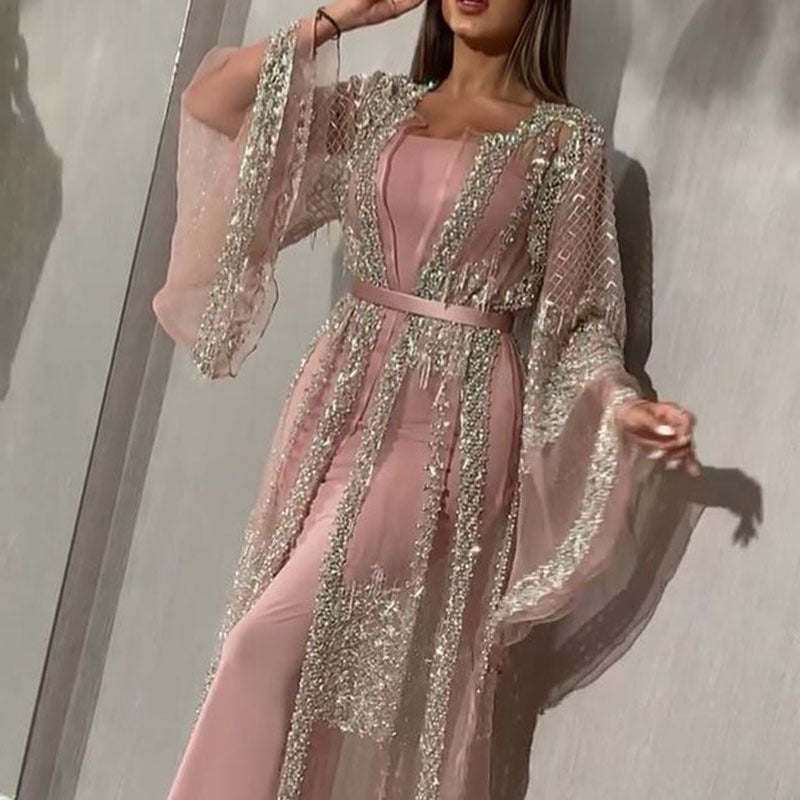 Elegantes Damen-Abendkleid mit kunstvollen Spitzen- und Paillettenverzierungen, Größe Valenzora