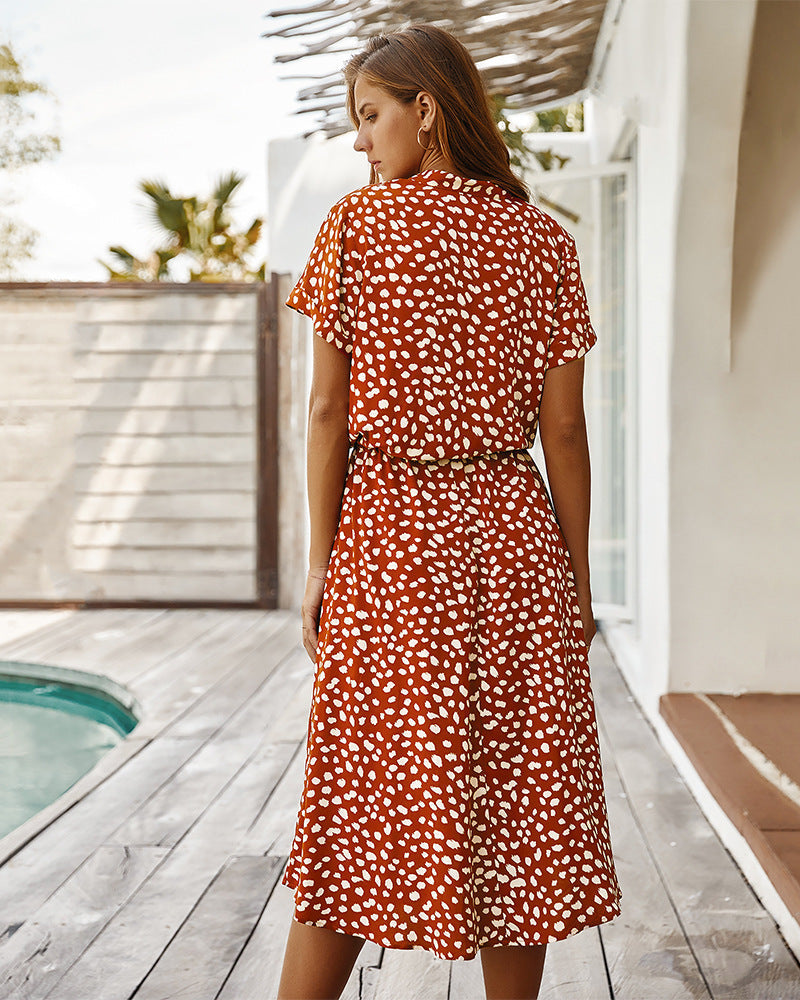 Valenzora | Casual Polka Dot V-Neck Short Sleeve Midi Dress