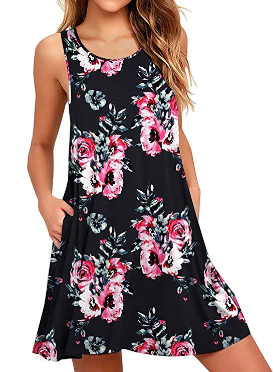 Ärmelloses Damen-Minikleid mit Blumenmuster und praktischen Seitentaschen, Größe