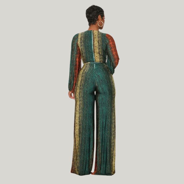 Valenzora | Metallic plissierter Jumpsuit mit weitem Bein und Gürtel