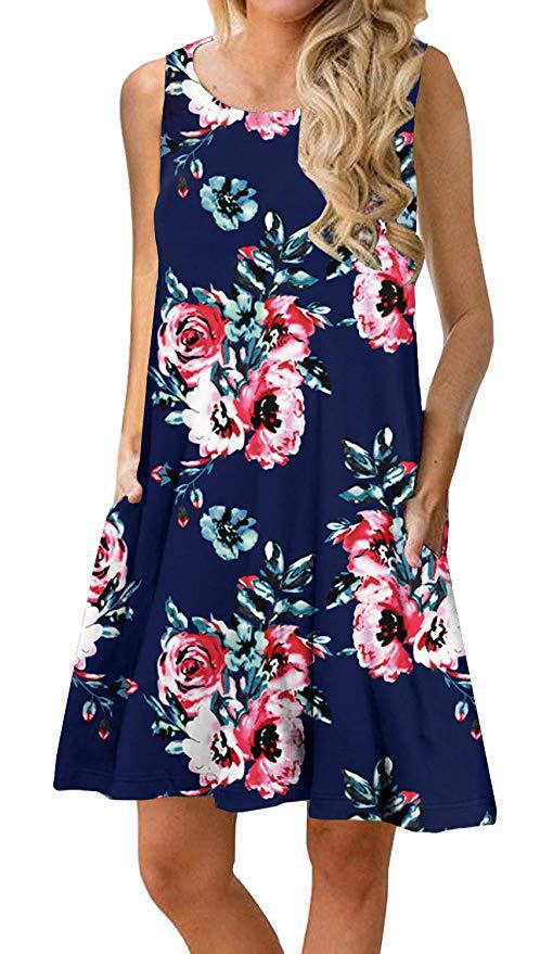 Ärmelloses Damen-Minikleid mit Blumenmuster und praktischen Seitentaschen, Größe