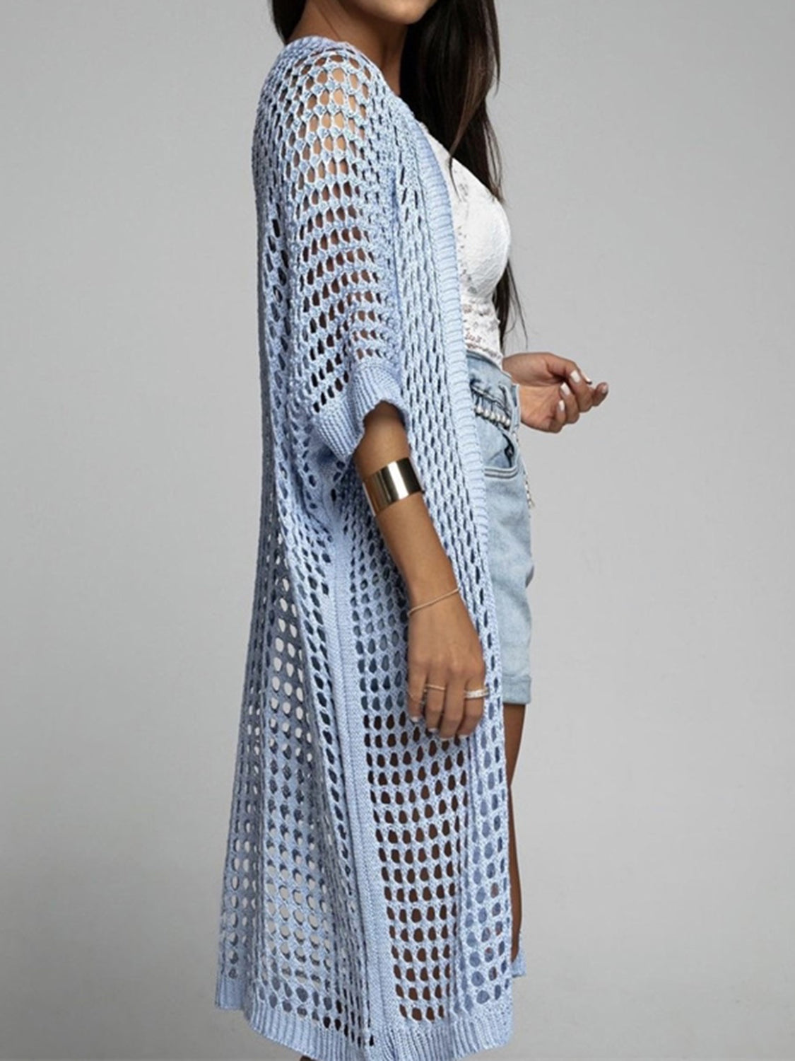 Valenzora | Openwork open front, three-quarter sleeve cover-up