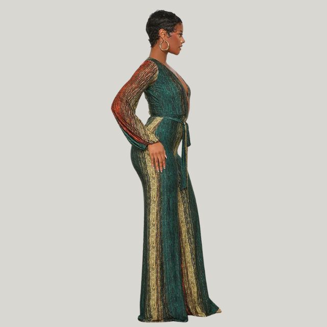 Valenzora | Metallic plissierter Jumpsuit mit weitem Bein und Gürtel