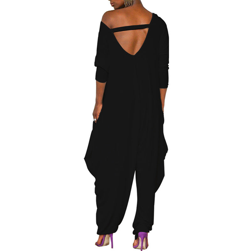 Women's oversized jumpsuit with deep V-neck and relaxed fit, size [size]