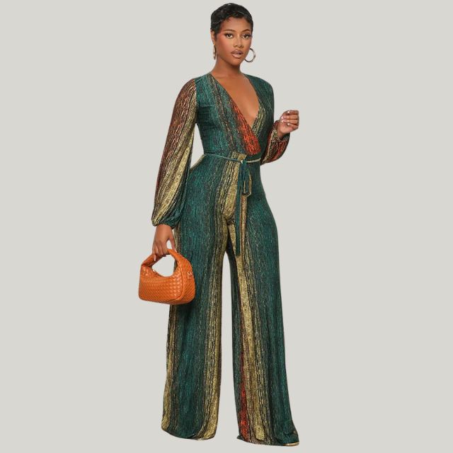 Valenzora | Metallic plissierter Jumpsuit mit weitem Bein und Gürtel