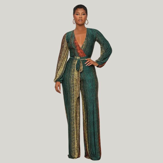 Valenzora | Metallic plissierter Jumpsuit mit weitem Bein und Gürtel