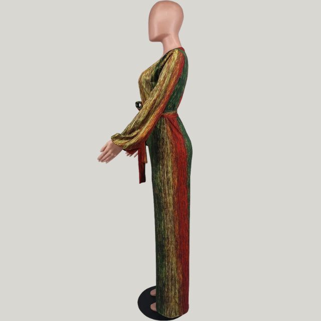 Valenzora | Metallic plissierter Jumpsuit mit weitem Bein und Gürtel