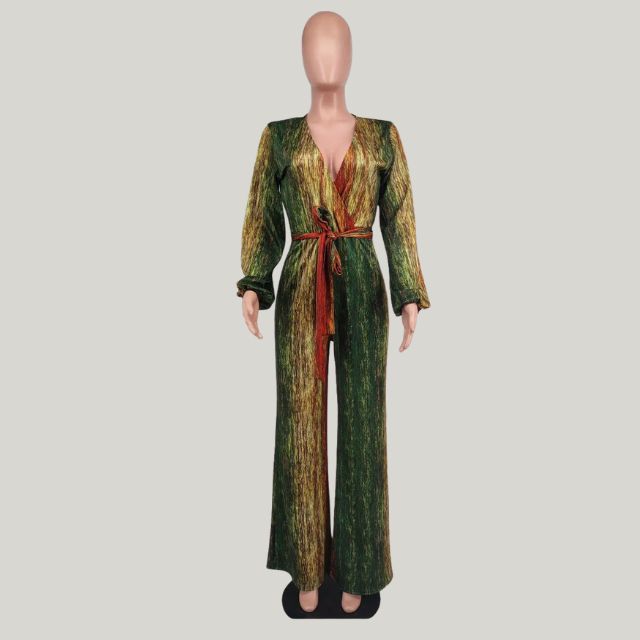 Valenzora | Metallic plissierter Jumpsuit mit weitem Bein und Gürtel