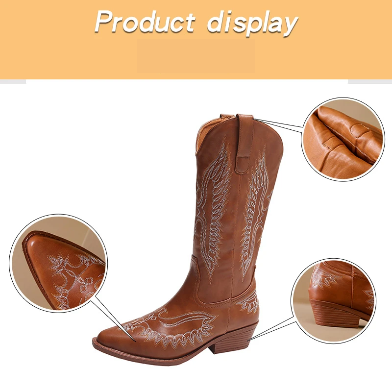Valenzora | Westernstiefel mit detaillierter Stickerei & niedrigem Absatz, Cowboystiefel für Damen