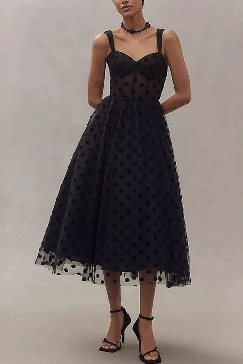 Valenzora | Rosie dress V-neck Polka Dot Mesh A-line Midi Cami Dress