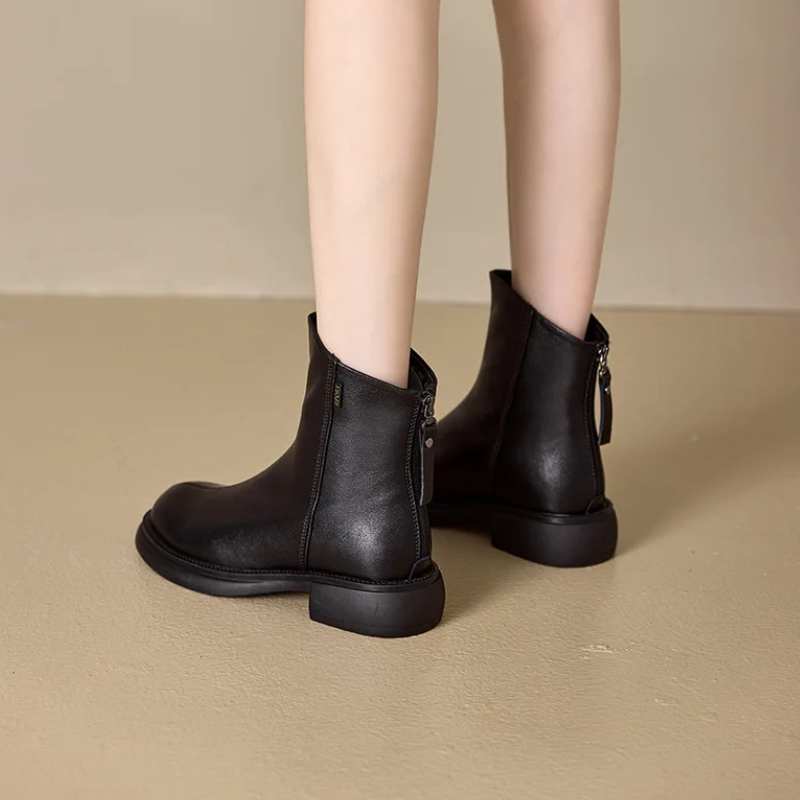 Valenzora | Women's Leather Ankle Boots with Back Zipper and Low Heel