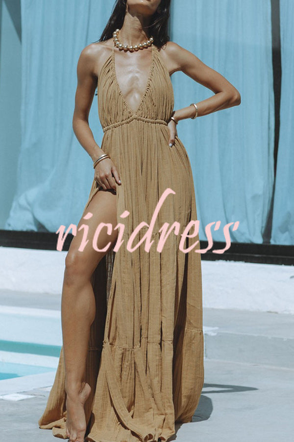 Valenzora – Neckholder maxi dress in a linen blend with a backless slit