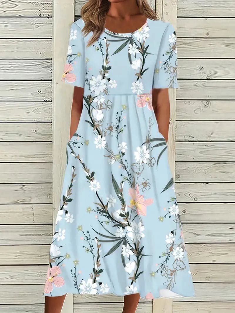 Valenzora | Midikleid mit Blumenmuster, Rundhalsausschnitt, kurzen Ärmeln, luftig und bequem