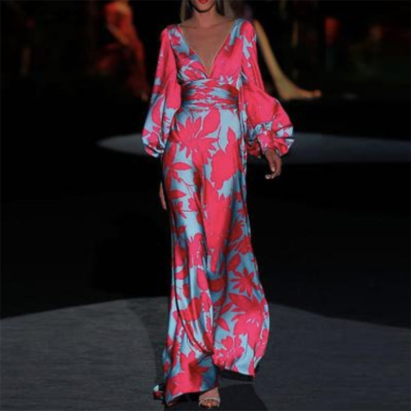 Damen Eleganter Maxi Jumpsuit mit Blumenmustern und tiefem V-Ausschnitt Größe