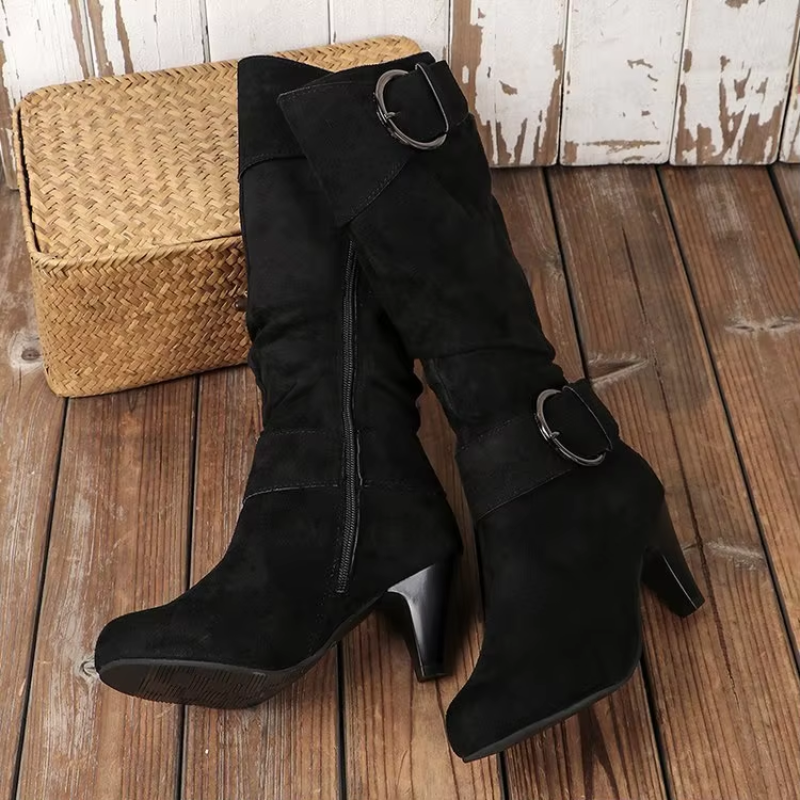 Valenzora | Damen kniehohe Stiefel mit Reißverschluss und Schnalle Stylische hohe Stiefel