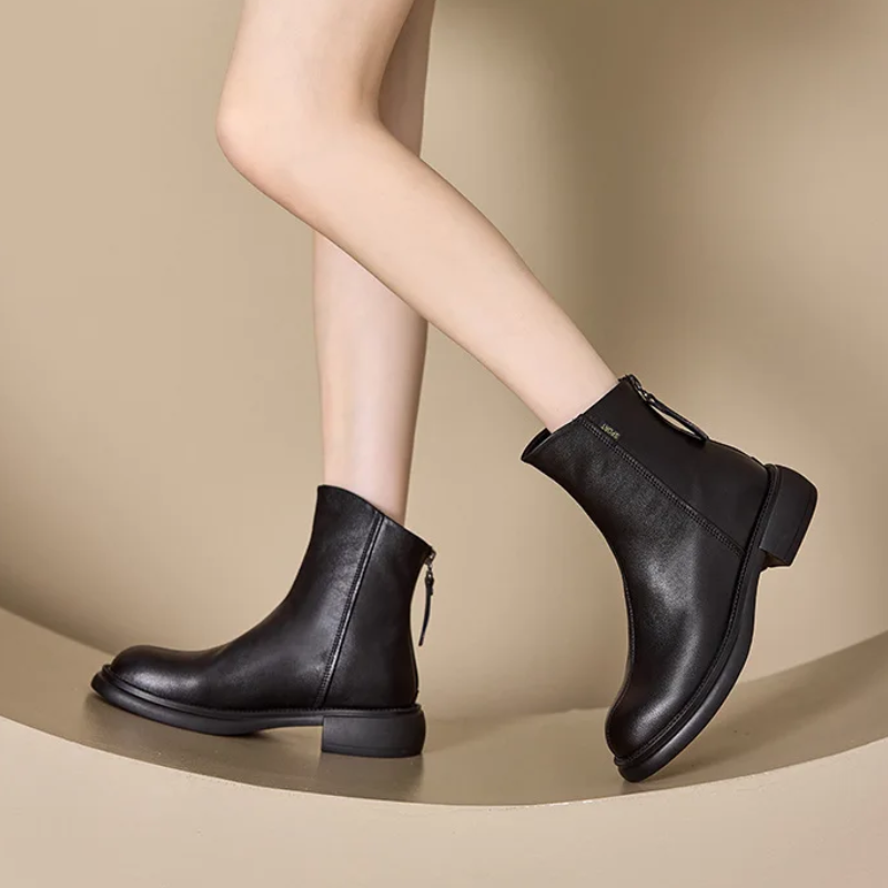 Valenzora | Women's Leather Ankle Boots with Back Zipper and Low Heel