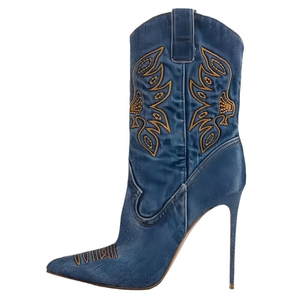 Valenzora | Women's Fashion Western Denim Style High Heels Boots