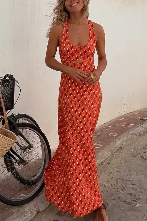 Valenzora | Scoop Neck Backless Geometric Print Maxi Cami Dress