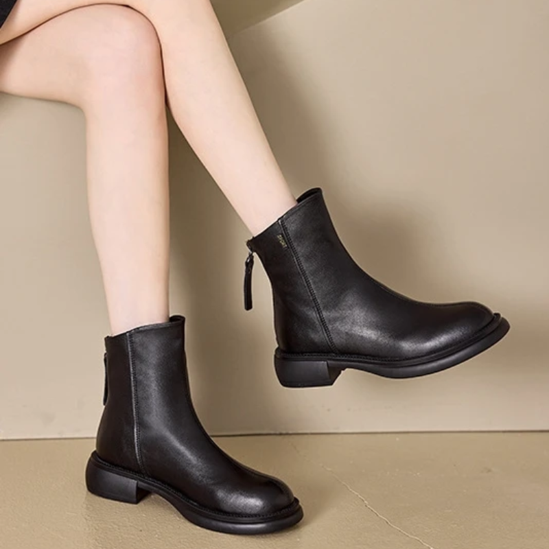 Valenzora | Women's Leather Ankle Boots with Back Zipper and Low Heel