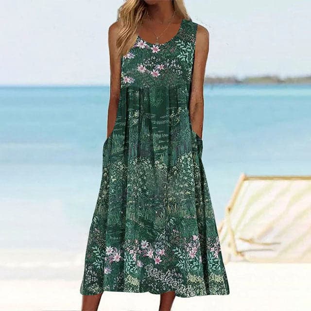 Valenzora | Sleeveless A-line Midi Summer Dress with Floral Pattern and Pockets