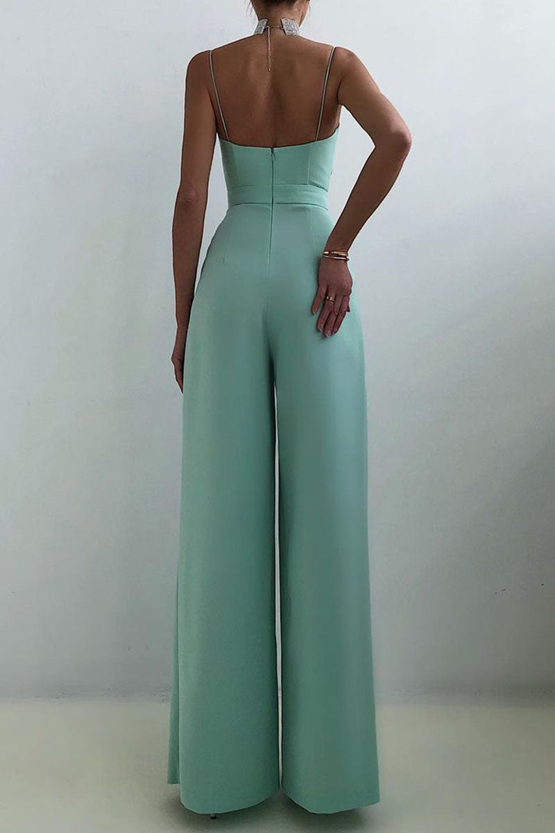 Valenzora | Casual Solid Color Patchwork V-Neck Loose Jumpsuits
