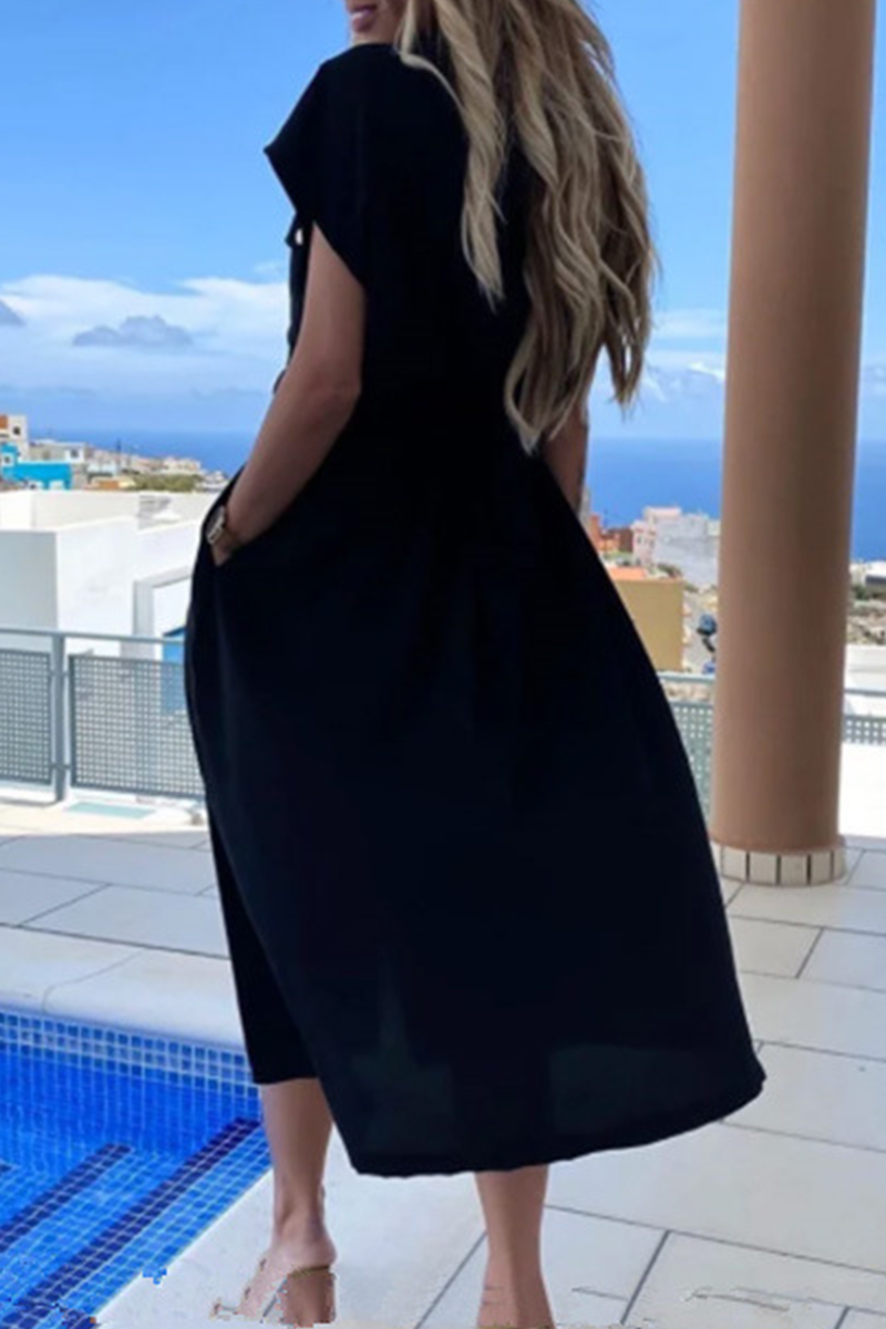Valenzora | Elegant Solid Frenulum Clasp Polo Collar A-Line Dresses