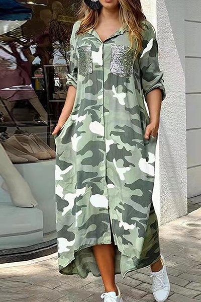 Valenzora | Lässiges Hemdkleid mit Camouflage-Print, Pailletten-Schnalle und Umlegekragen