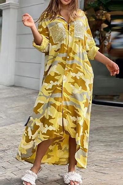 Valenzora | Lässiges Hemdkleid mit Camouflage-Print, Pailletten-Schnalle und Umlegekragen