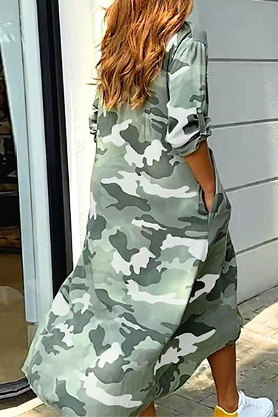 Valenzora | Lässiges Hemdkleid mit Camouflage-Print, Pailletten-Schnalle und Umlegekragen