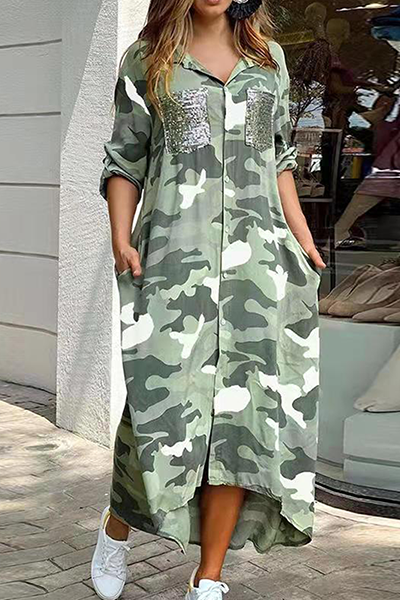 Valenzora | Lässiges Hemdkleid mit Camouflage-Print, Pailletten-Schnalle und Umlegekragen
