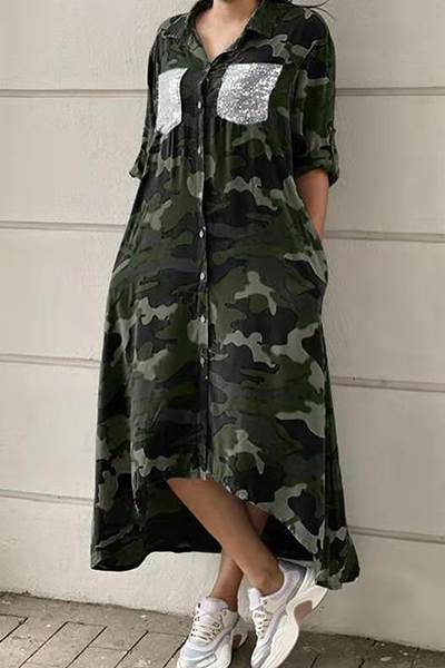 Valenzora | Lässiges Hemdkleid mit Camouflage-Print, Pailletten-Schnalle und Umlegekragen