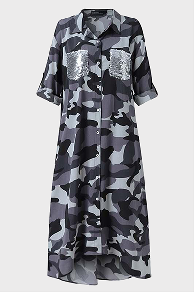 Valenzora | Lässiges Hemdkleid mit Camouflage-Print, Pailletten-Schnalle und Umlegekragen